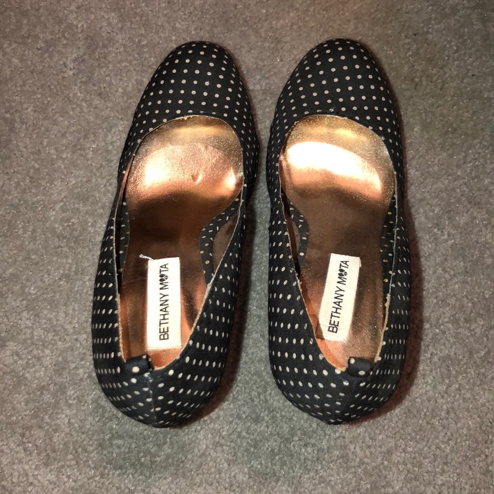 Black and white polka dot high wedged heels